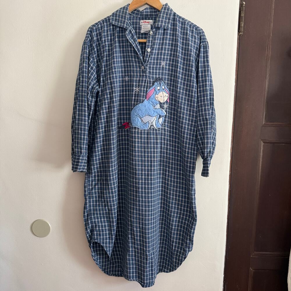 90s Vintage The Disney Store Blue Plaid Eeyore Nightshirt Nightgown Sm / Medium